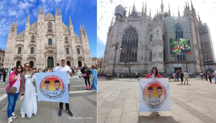 Relawan Kibarkan Poster Calon Bupati Tojo Unauna Samsurijal Labatjo-Saiful Laborahima di Kota Milan, Italia